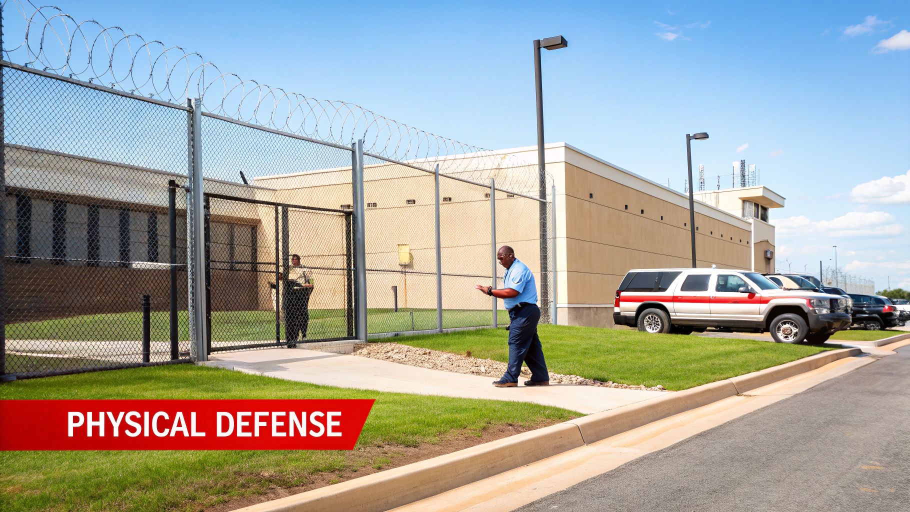 Security guards near a fortified facility with a fence, barbed wire, and patrol car, illustrating physical defense.