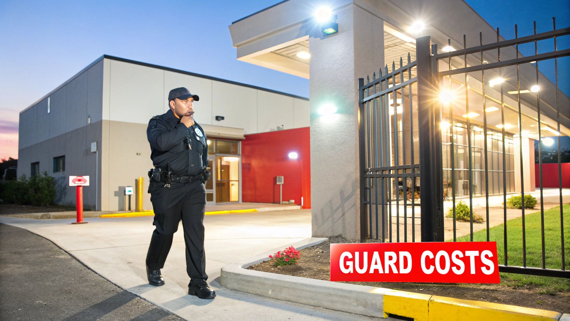 Security guard walking outside a commercial building at dusk, with a prominent sign reading "GUARD COSTS," illustrating the topic of security service pricing.
