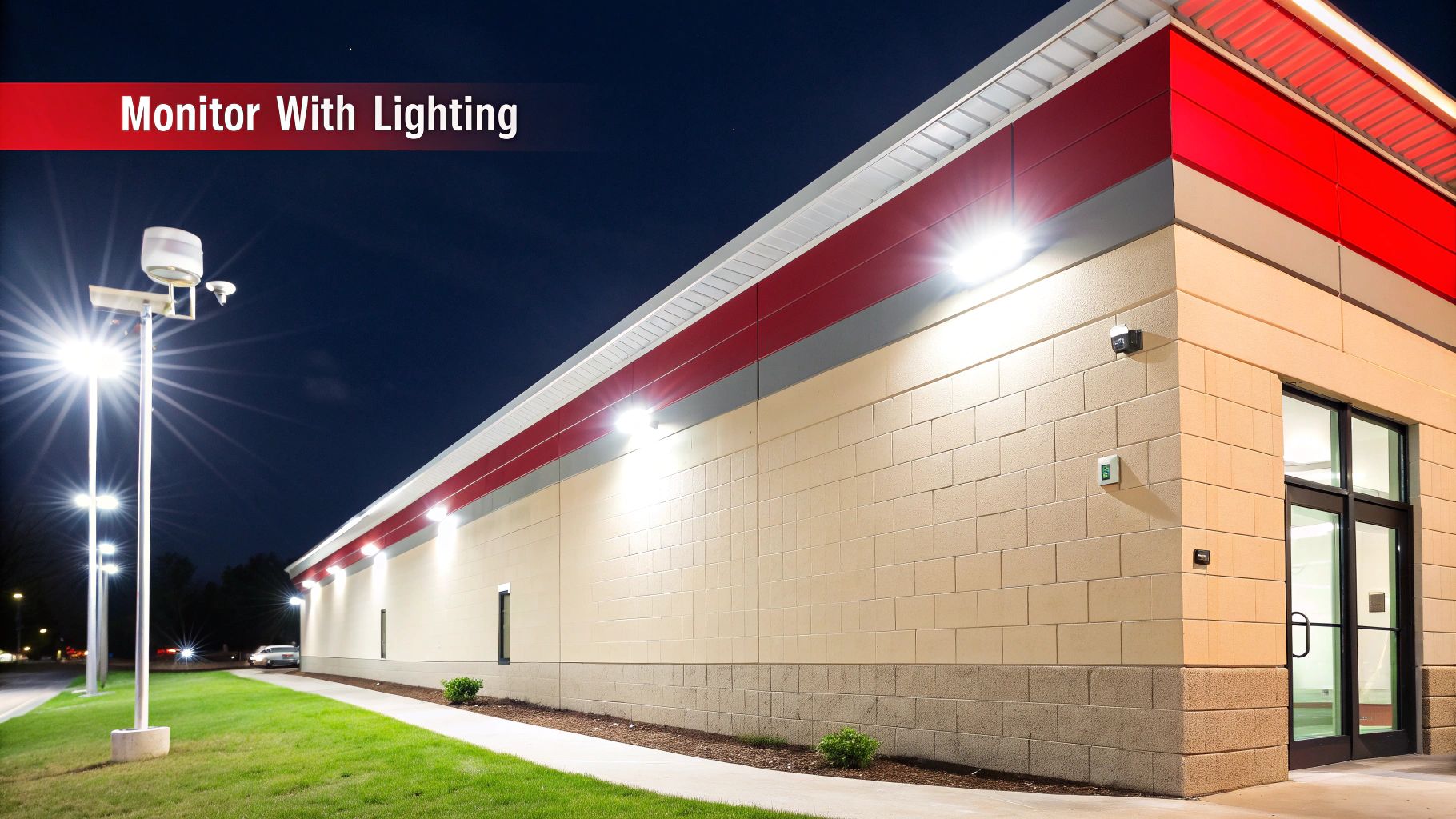 Monitor with lighting on a commercial building exterior at night, highlighting security features such as surveillance cameras and bright outdoor lighting for enhanced property safety.