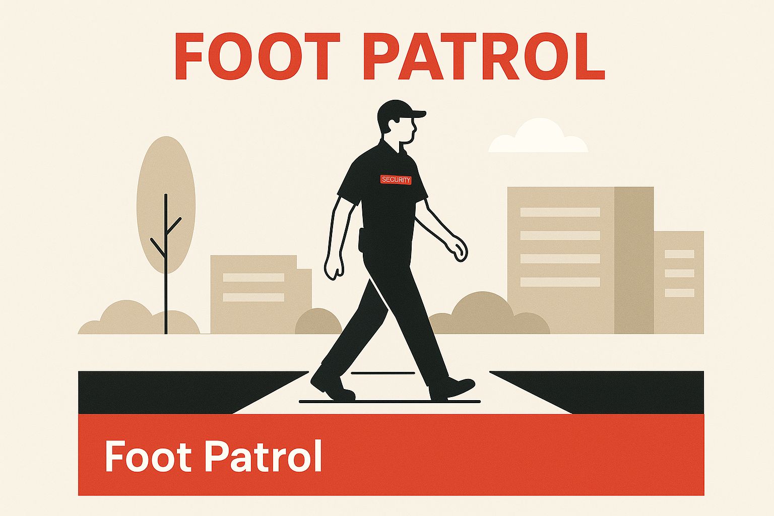 Foot patrol officer walking in urban setting, emphasizing security presence with "Foot Patrol" text, illustrating the importance of on-foot patrols in property protection.