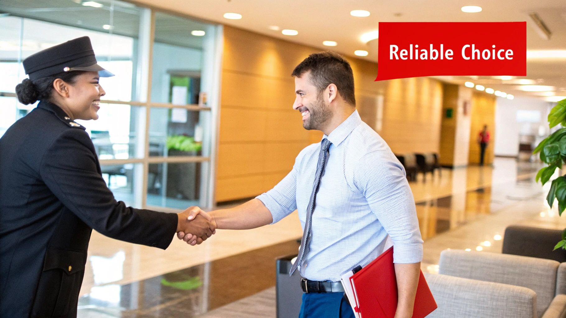 Security guard and businessman shaking hands in a modern office setting, with a "Reliable Choice" banner emphasizing professional security services.