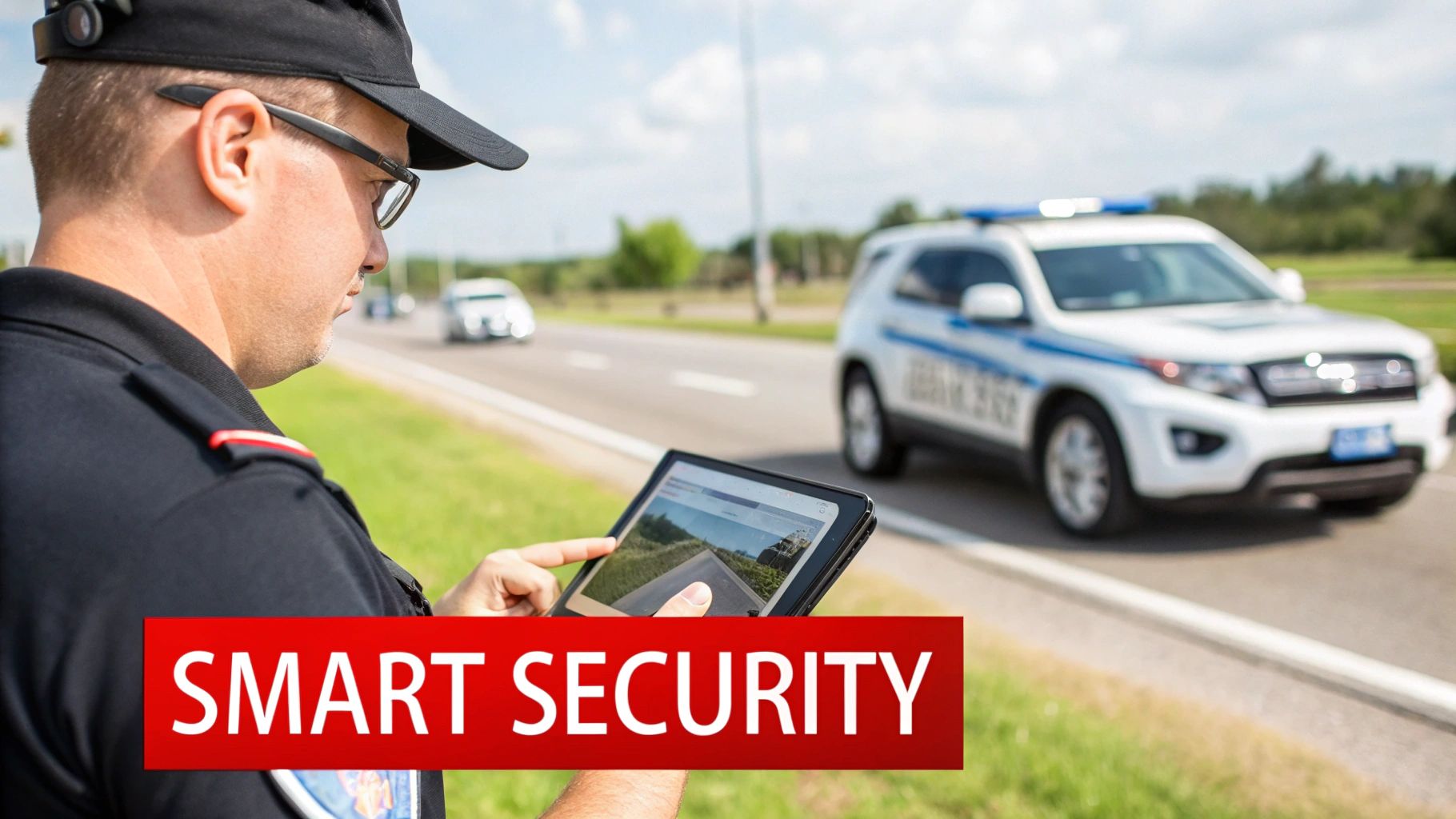 A security officer using a tablet to monitor a manufacturing facility.