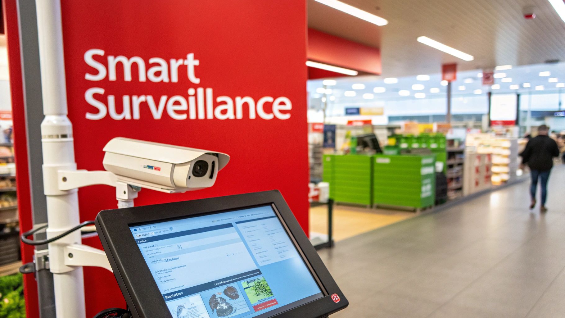 Smart surveillance camera and display screen in a retail environment, emphasizing modern security technology for loss prevention.