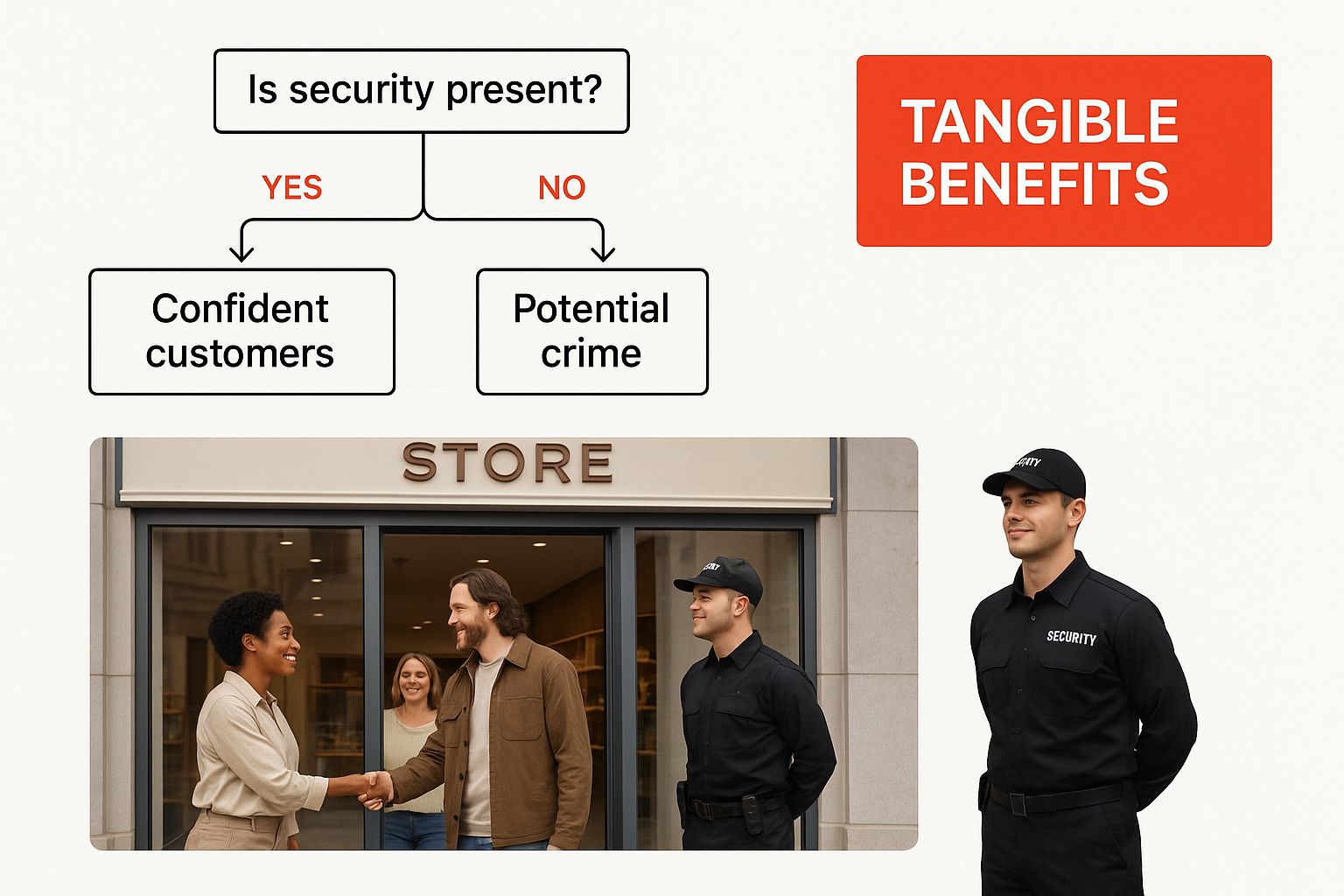 Infographic illustrating the benefits of unarmed security, featuring a diverse group of people interacting outside a store, with a security officer present, emphasizing customer confidence and safety.
