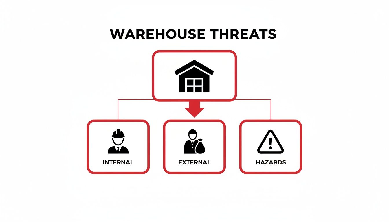 A diagram illustrating warehouse threats, categorized into internal, external, and hazards, with corresponding icons.