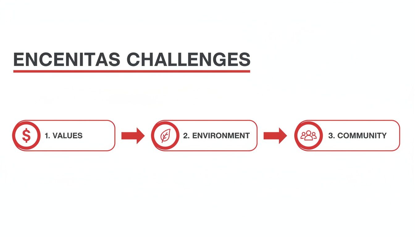 An infographic showing Encinitas Challenges: Values, Environment, and Community, represented by icons and red arrows.