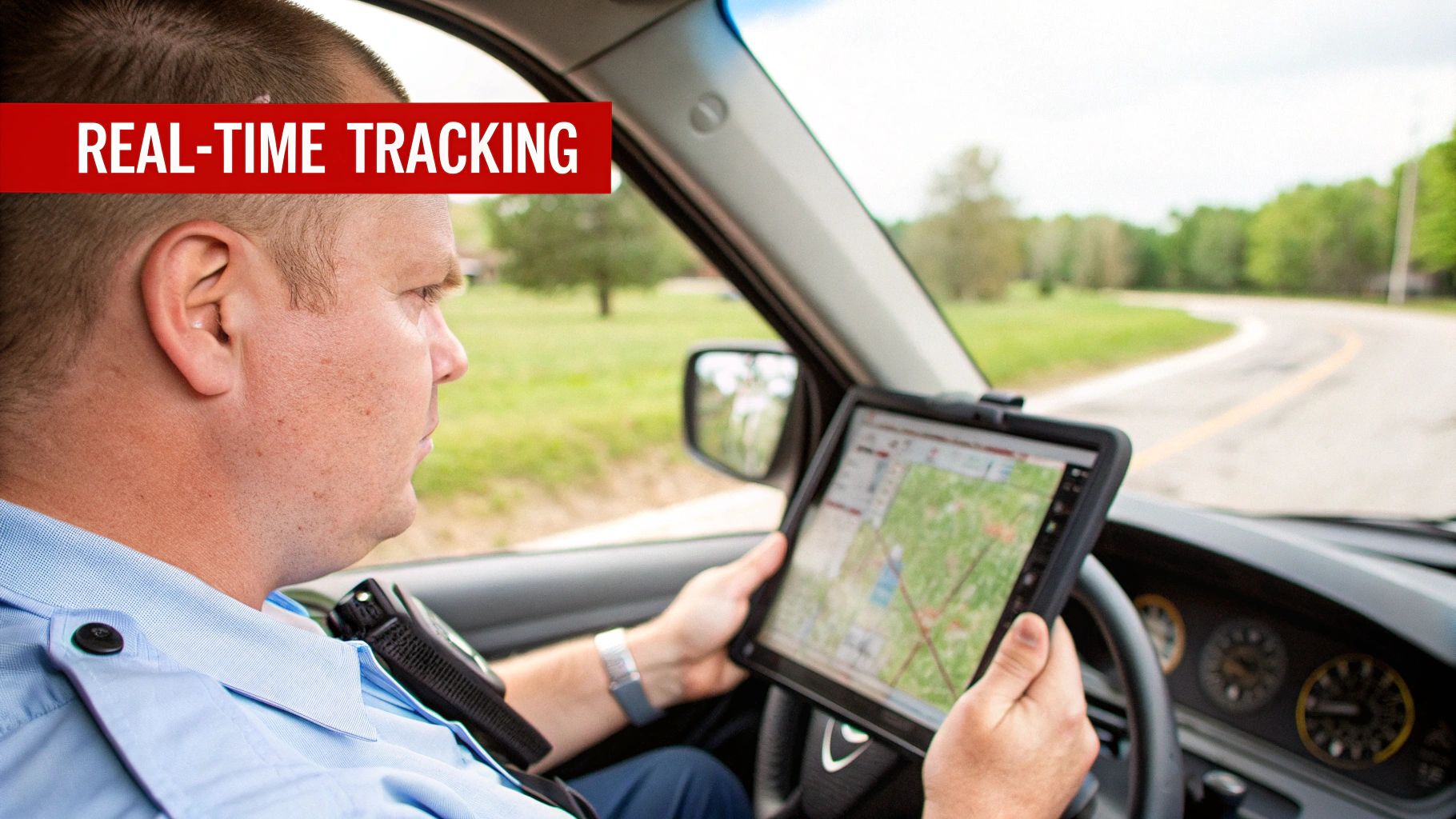 A security officer in a patrol car uses a tablet for real-time tracking on a map.