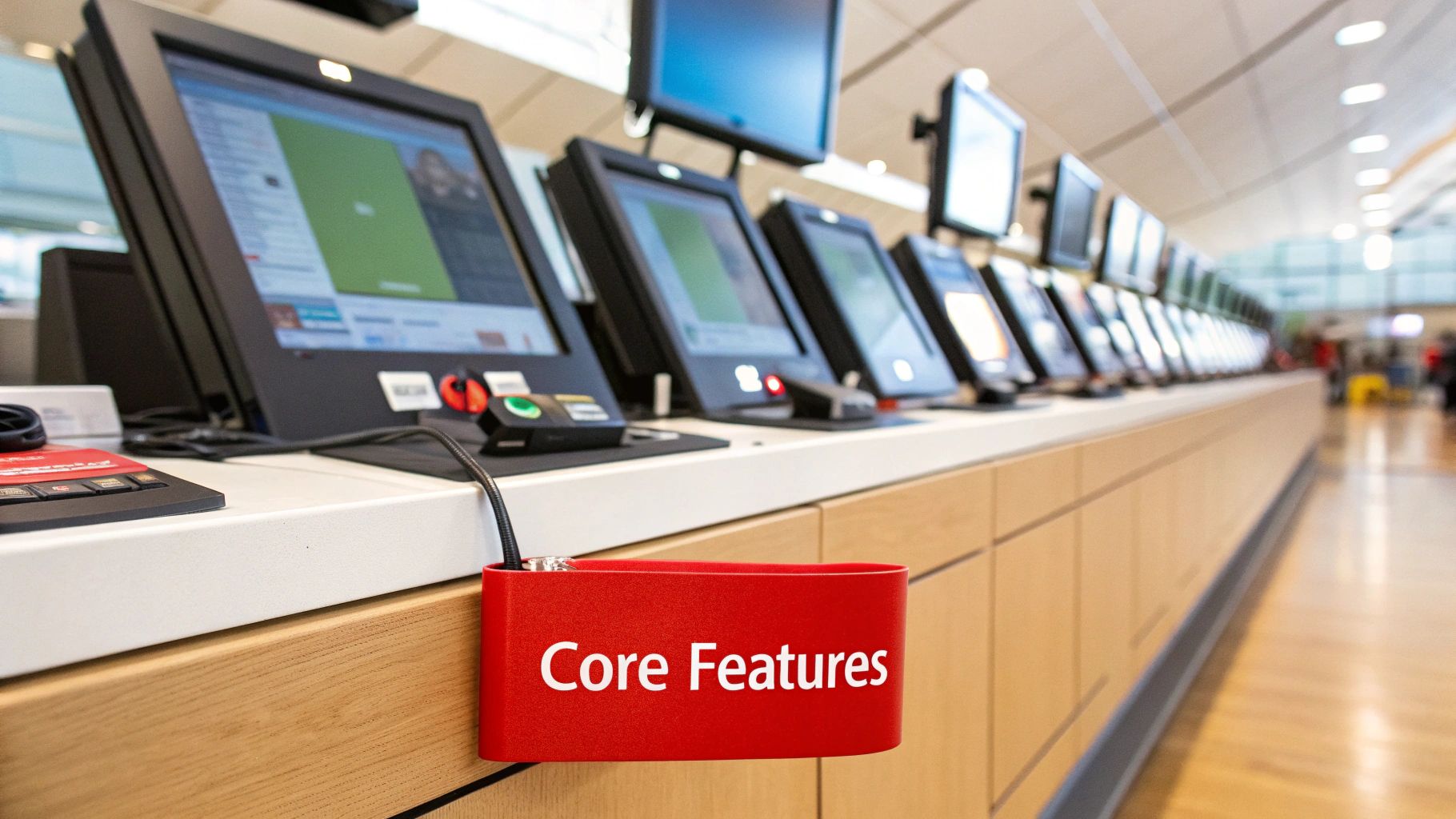 Self-service kiosks displaying core features in a modern lobby setting, emphasizing technology integration for enhanced visitor experience.