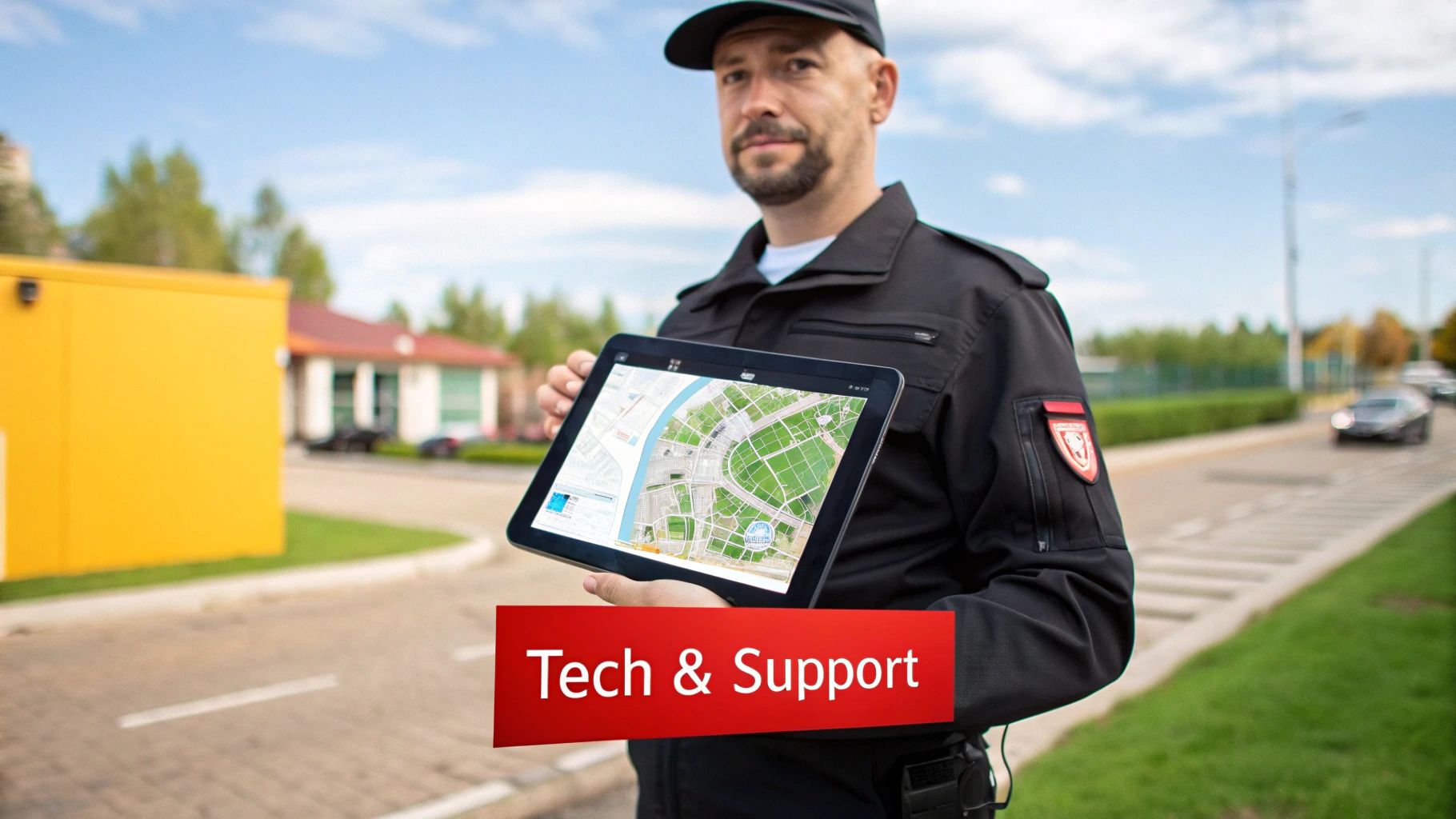 Security officer holding a tablet displaying a map, emphasizing technology and support systems for effective security services.