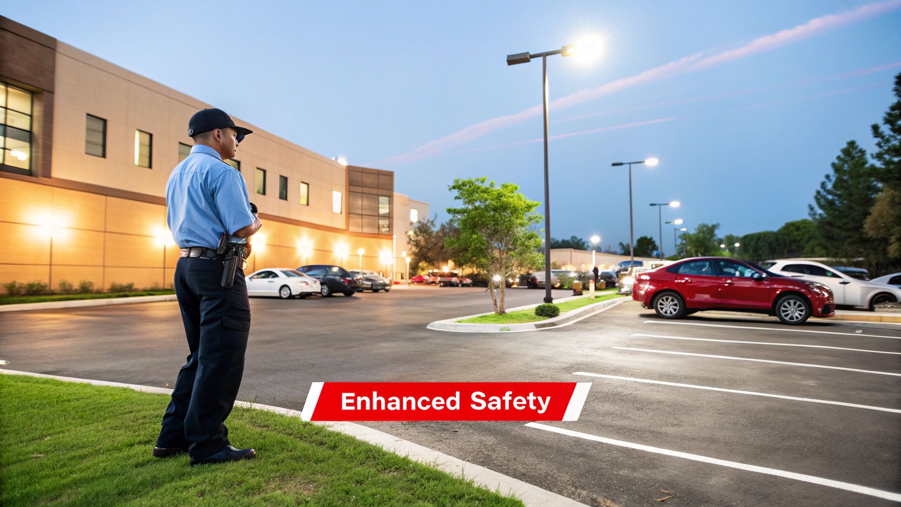 Security guard monitoring parking lot at dusk, emphasizing enhanced safety for businesses and properties.