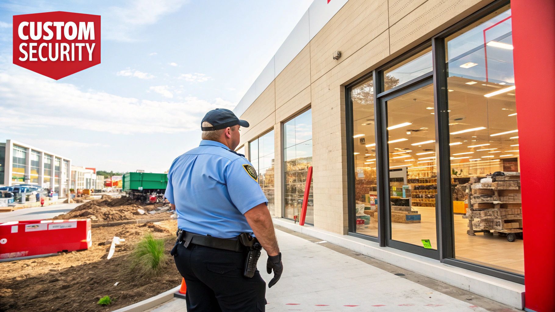 A security officer using a tablet to monitor an industrial site, demonstrating industry-specific patrol strategies.