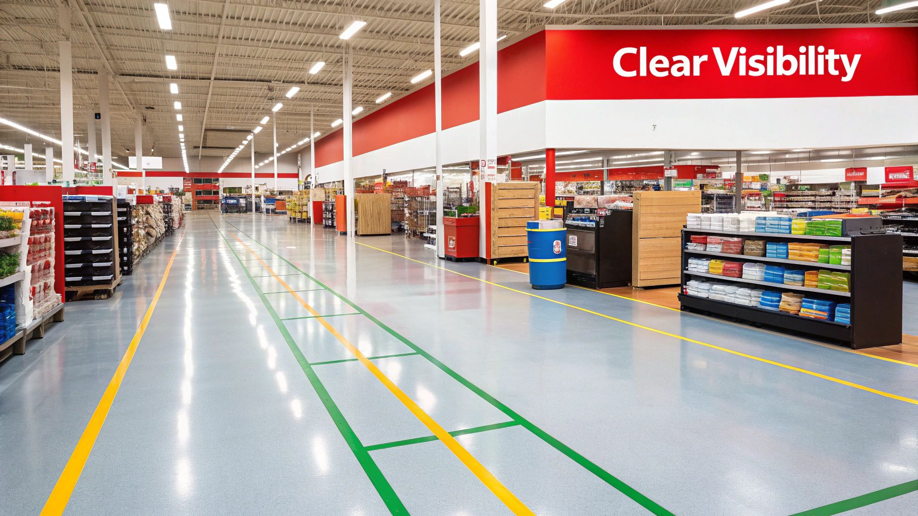 Retail store interior showcasing clear visibility layout, featuring organized shelving, wide aisles, and signage emphasizing security through design.