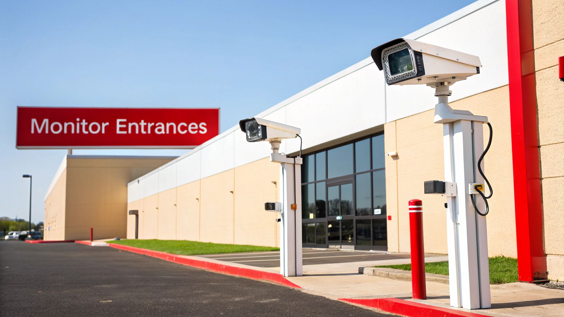 Two white surveillance cameras monitoring a building entrance with a red 'Monitor Entrances' sign.