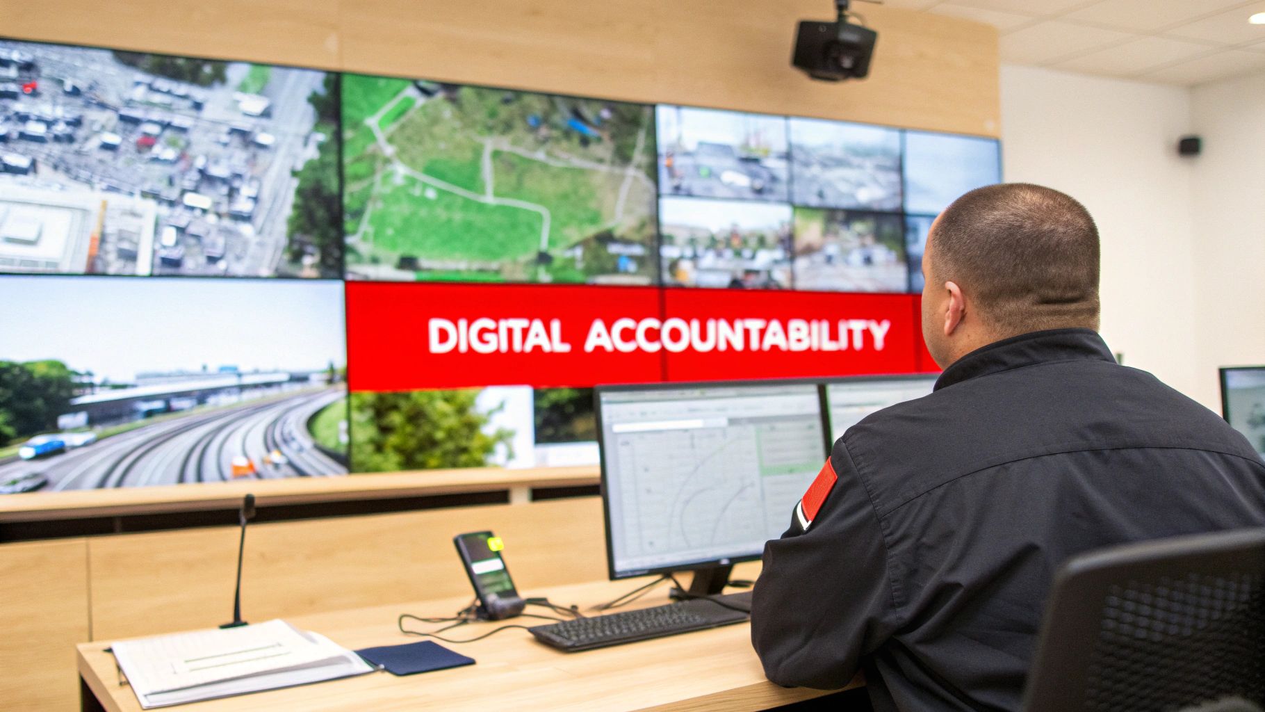 A man monitors surveillance feeds and a 'Digital Accountability' display on a multi-screen wall.