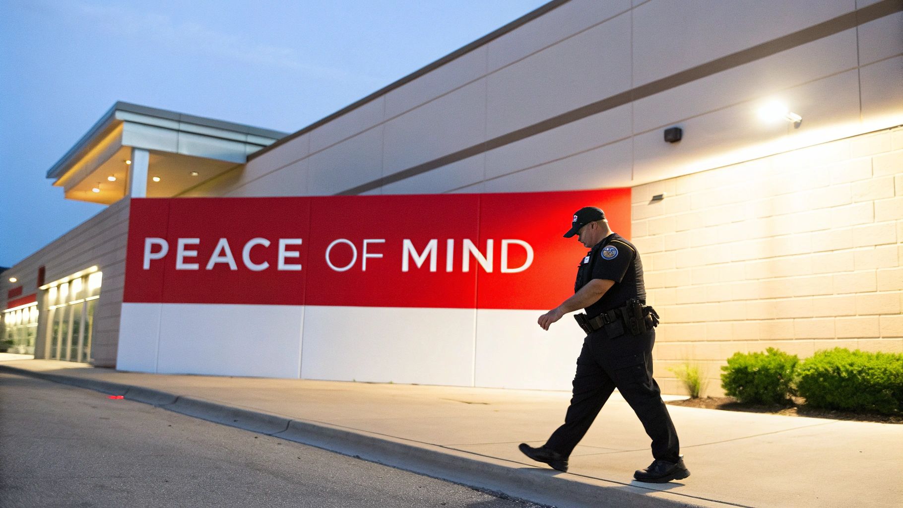 A security officer using a radio in front of a patrol vehicle