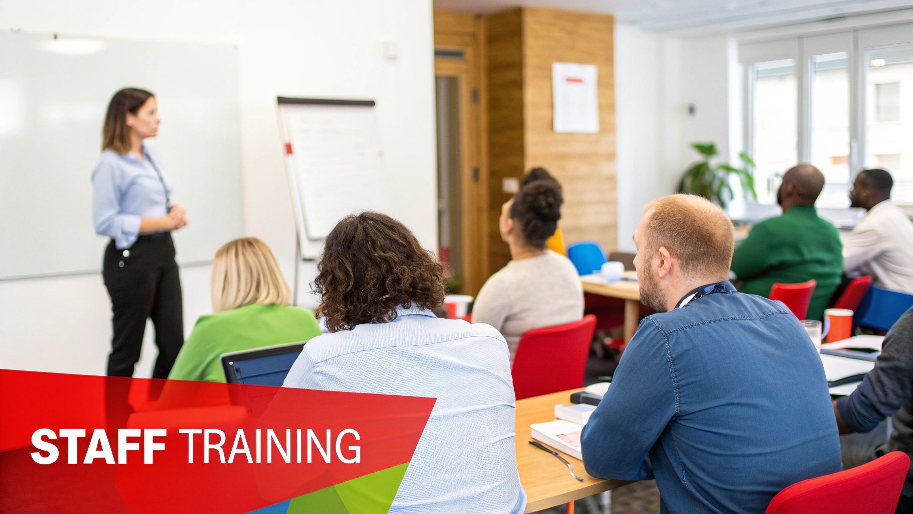 Staff training session focused on security strategies, with an instructor presenting to a diverse group of attentive participants in a bright, modern classroom setting.