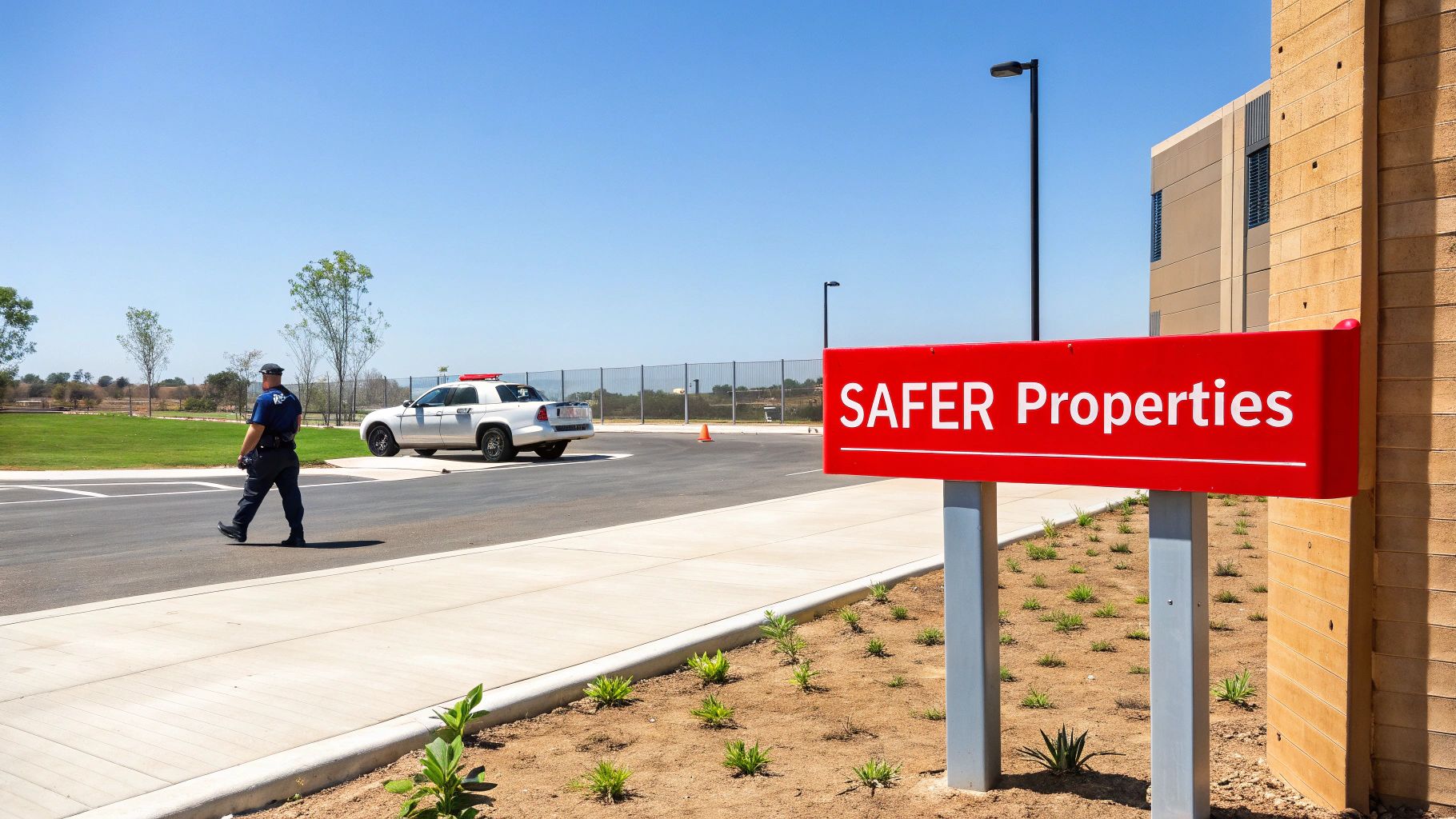 A security officer standing next to a patrol vehicle at dusk, symbolizing readiness.
