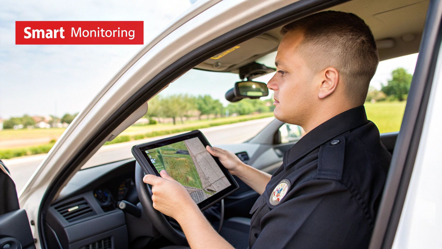 Security officer using tablet for smart monitoring in patrol vehicle, showcasing technology-driven accountability and transparency in mobile patrol services.