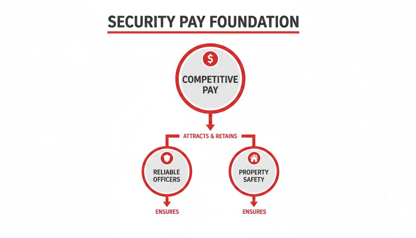 Flowchart titled 'Security Pay Foundation' showing how competitive pay attracts and retains reliable officers and ensures property safety.