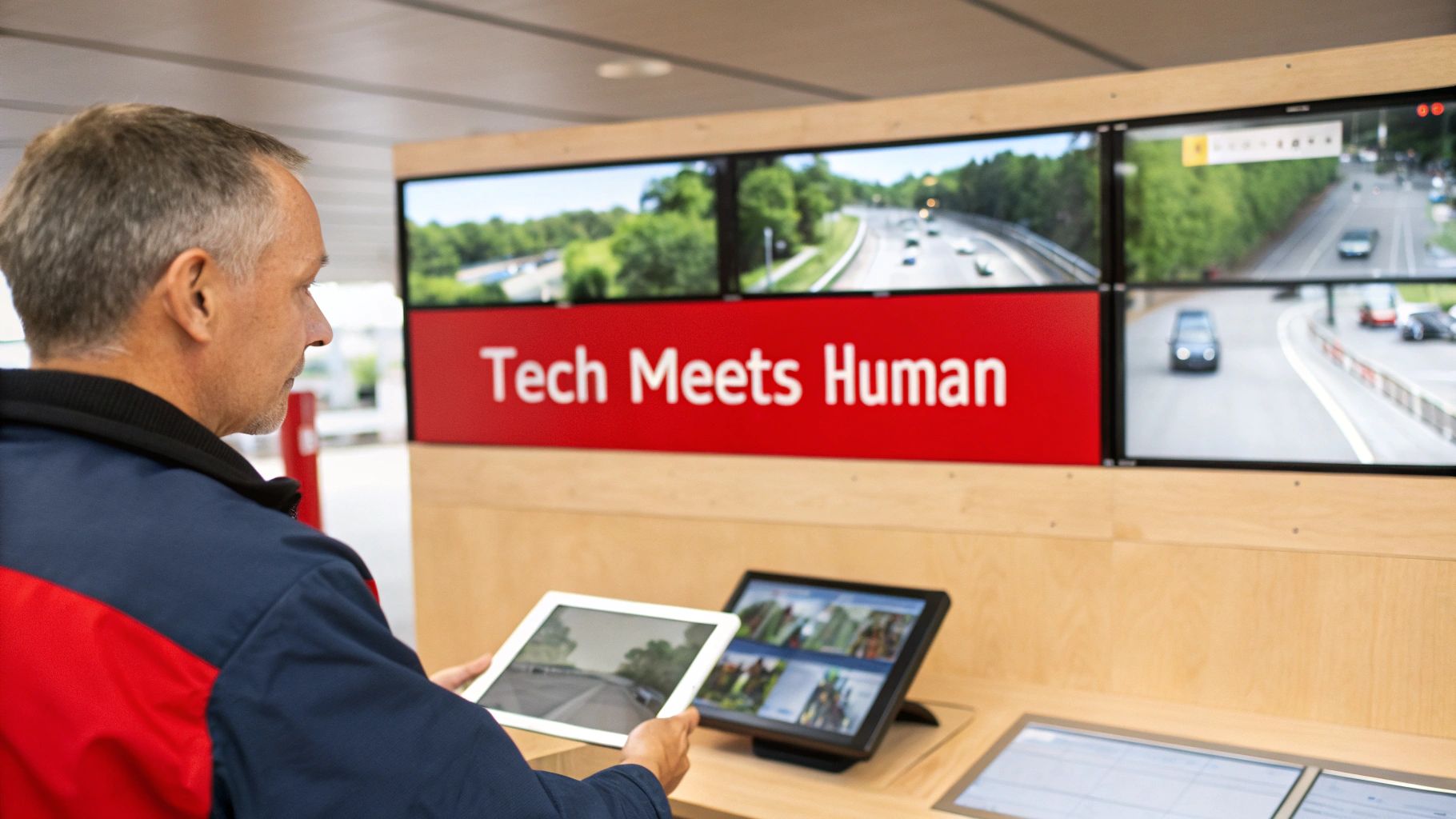 Man using a tablet at a tech exhibit with large screens showing traffic and 'Tech Meets Human' message.