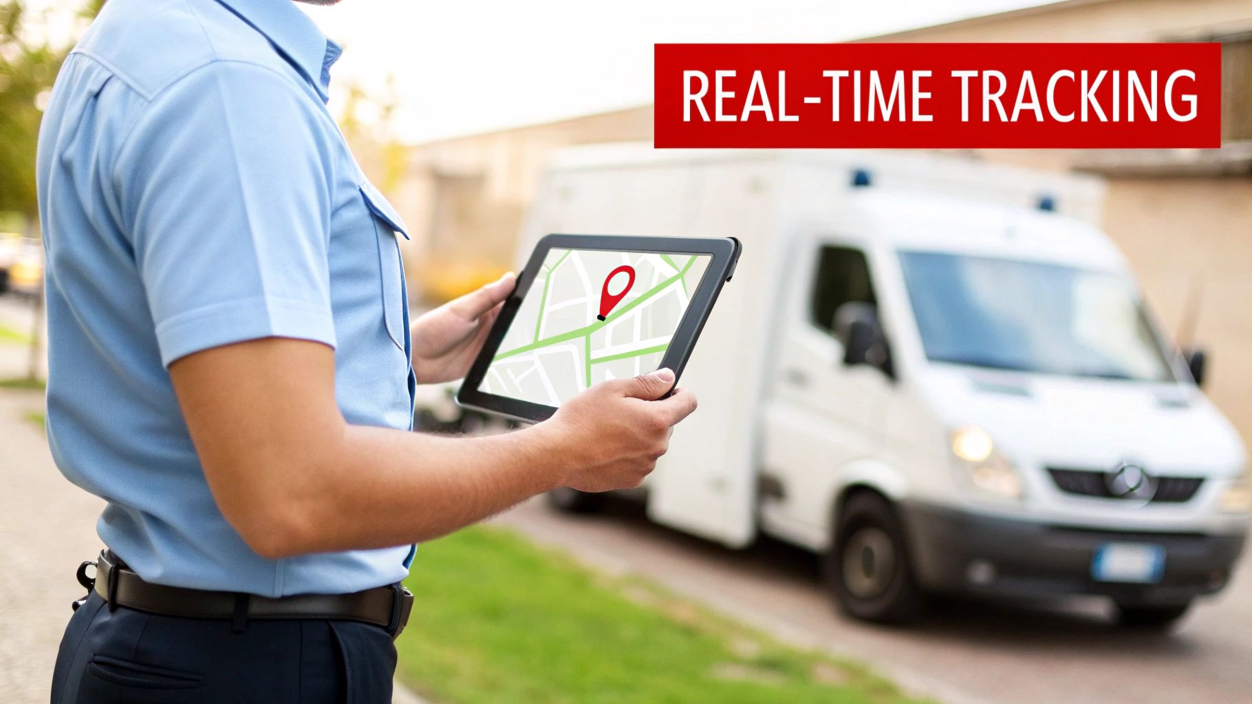 Security guard using tablet with GPS map for real-time tracking of construction site vehicle