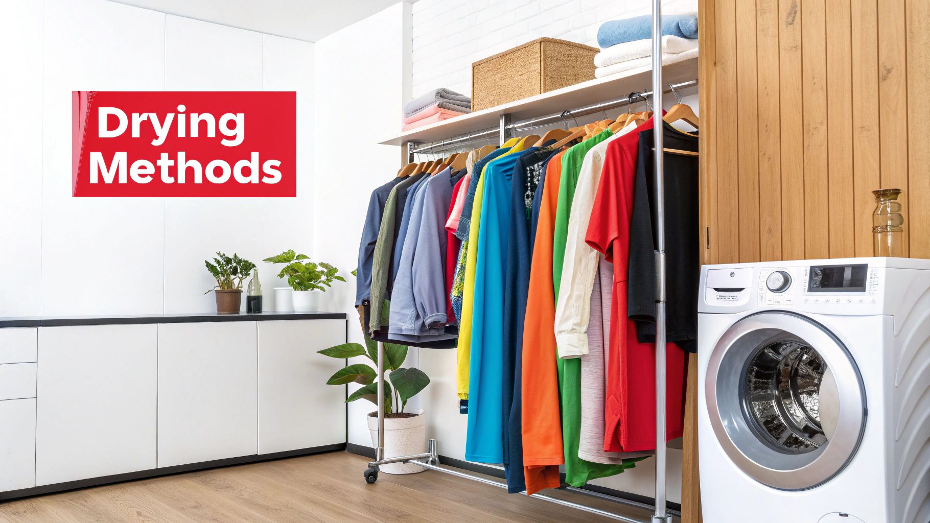 Laundry room with hanging clothes in various colors, a washing machine, and a sign reading "Drying Methods," emphasizing effective laundry practices and organization.