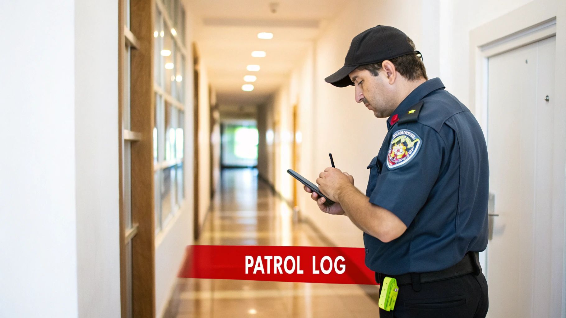 A security guard in uniform uses a tablet and stylus to record a patrol log in a bright hallway.