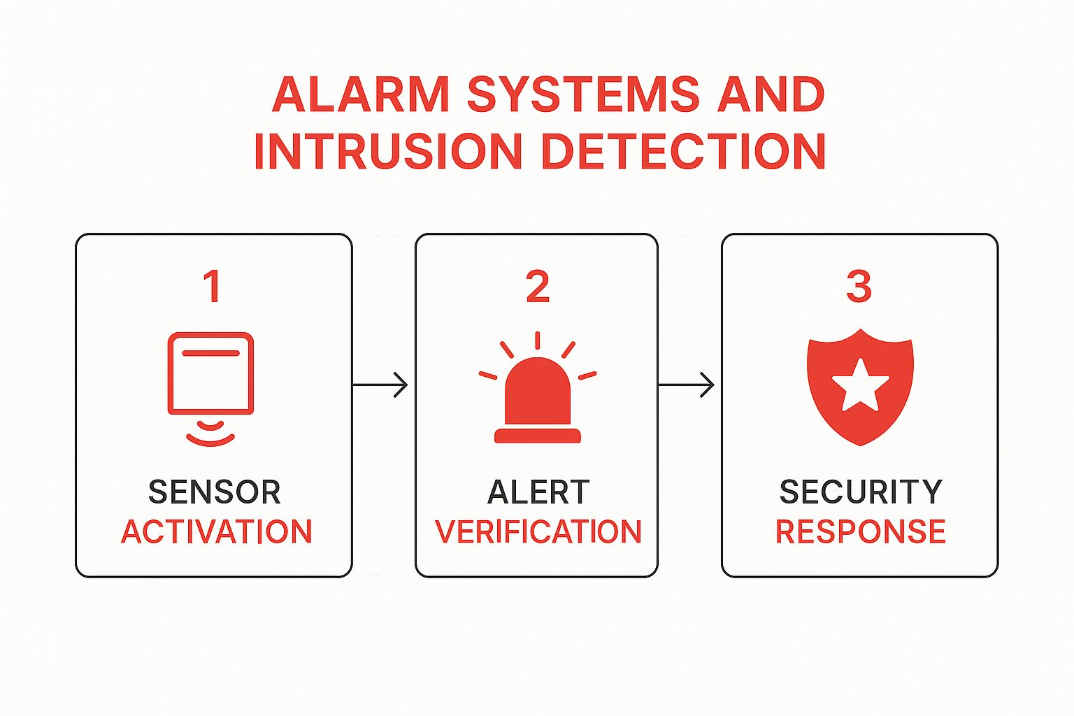 Alarm systems and intrusion detection workflow diagram illustrating sensor activation, alert verification, and security response processes.