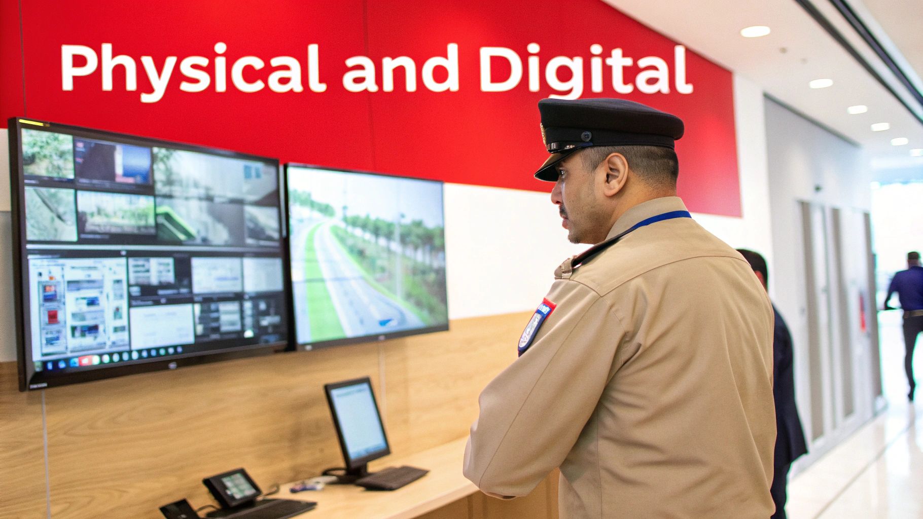 Security officer monitoring surveillance screens labeled "Physical and Digital," emphasizing integrated security solutions for loss prevention.
