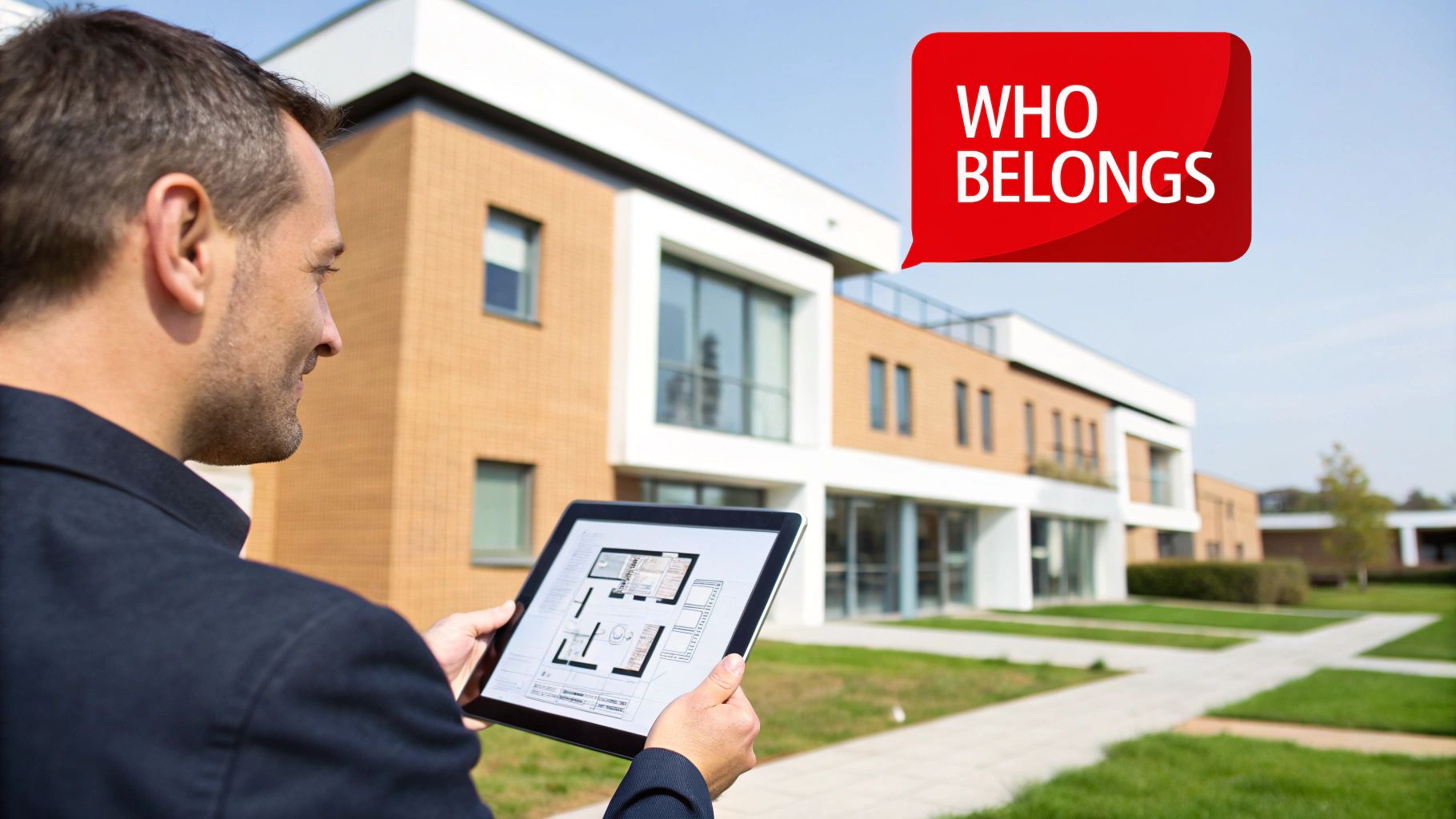 Man holding a tablet with a floor plan, looking at a modern building with a 'WHO BELONGS' speech bubble.