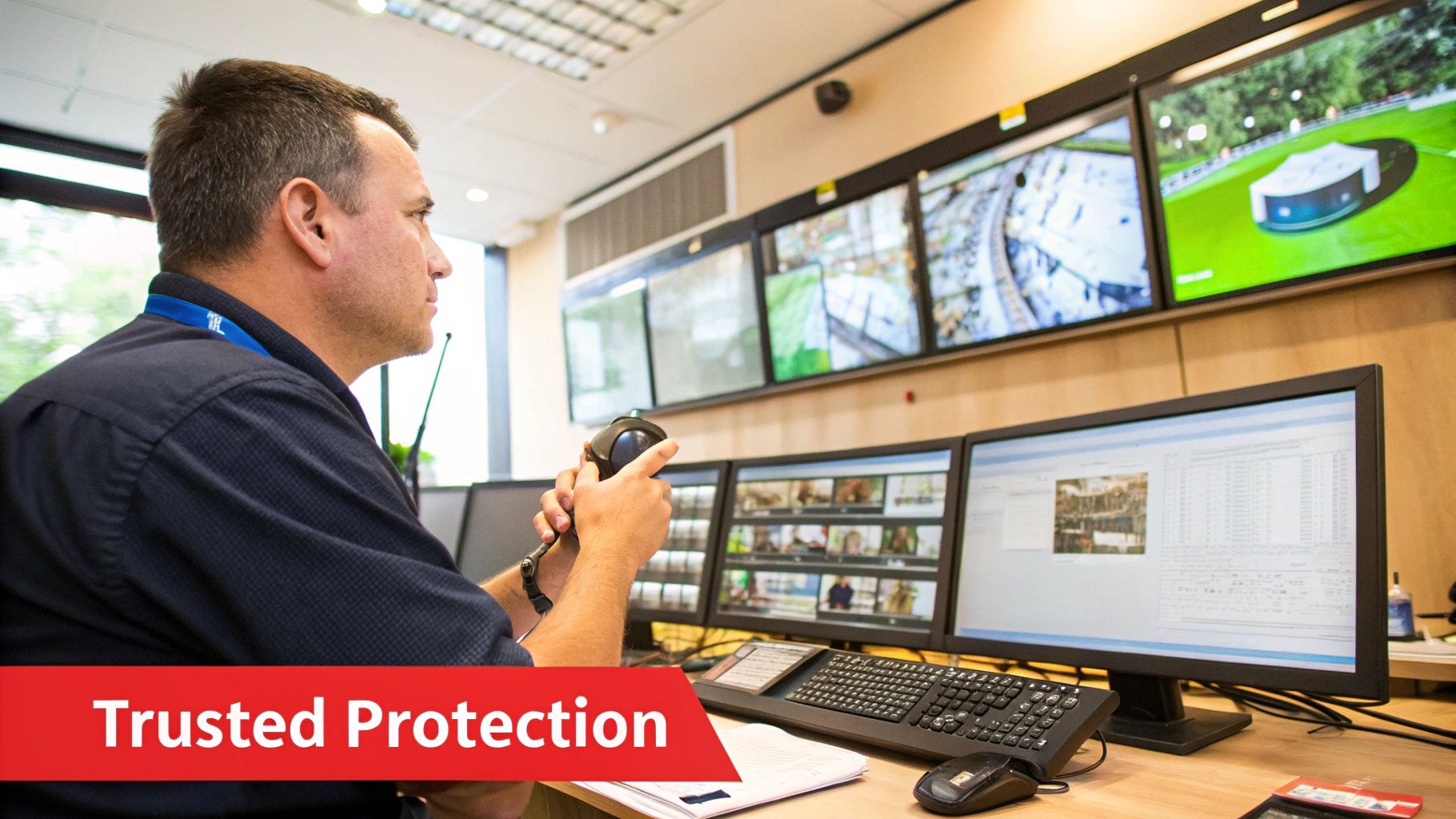 Security professional monitoring multiple screens in a control room with a headset, emphasizing trusted protection and accountability in security services.