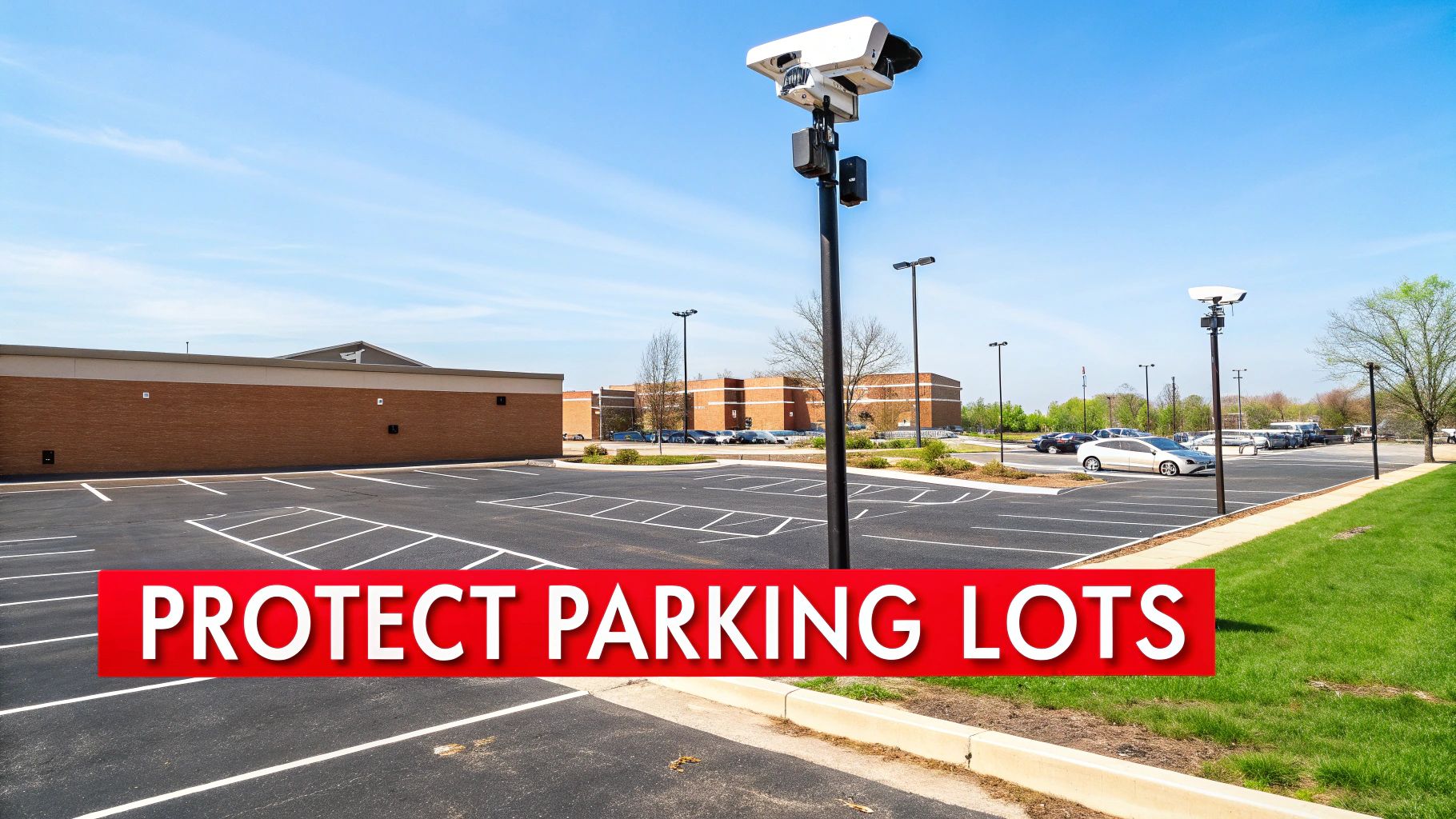 A large outdoor parking lot with security cameras and a red 'PROTECT PARKING LOTS' banner.