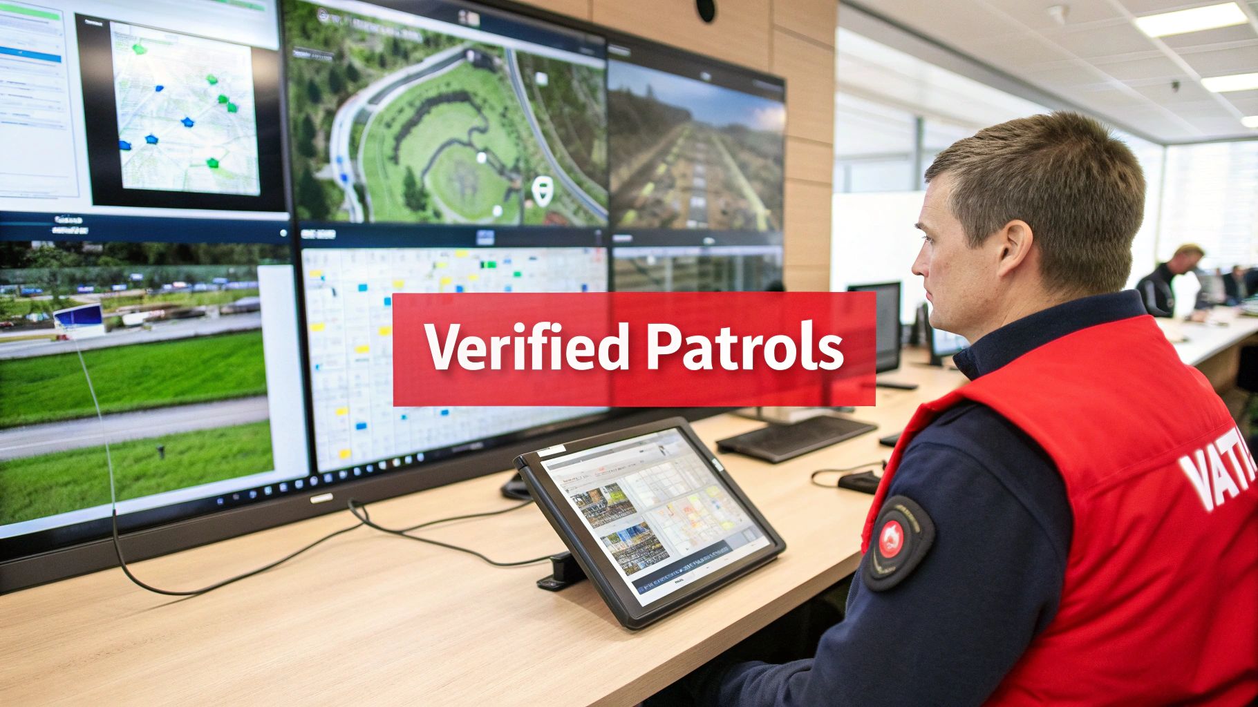 A man in a red vest monitors multiple large screens showing maps and surveillance footage in a control room.