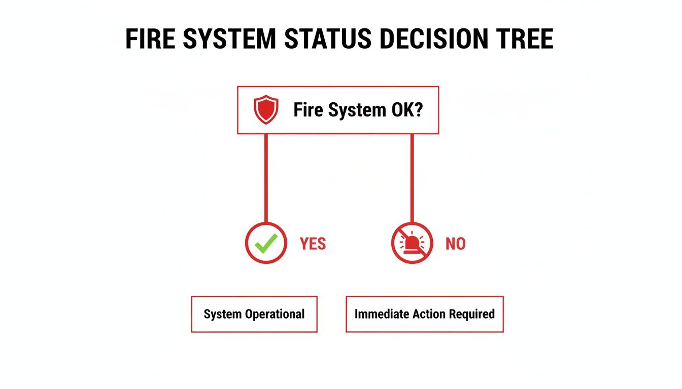 A decision tree illustrating fire system status, leading to "System Operational" or "Immediate Action Required".