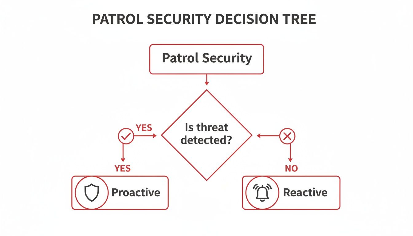A decision tree flowchart for patrol security, showing proactive when a threat is detected and reactive otherwise.