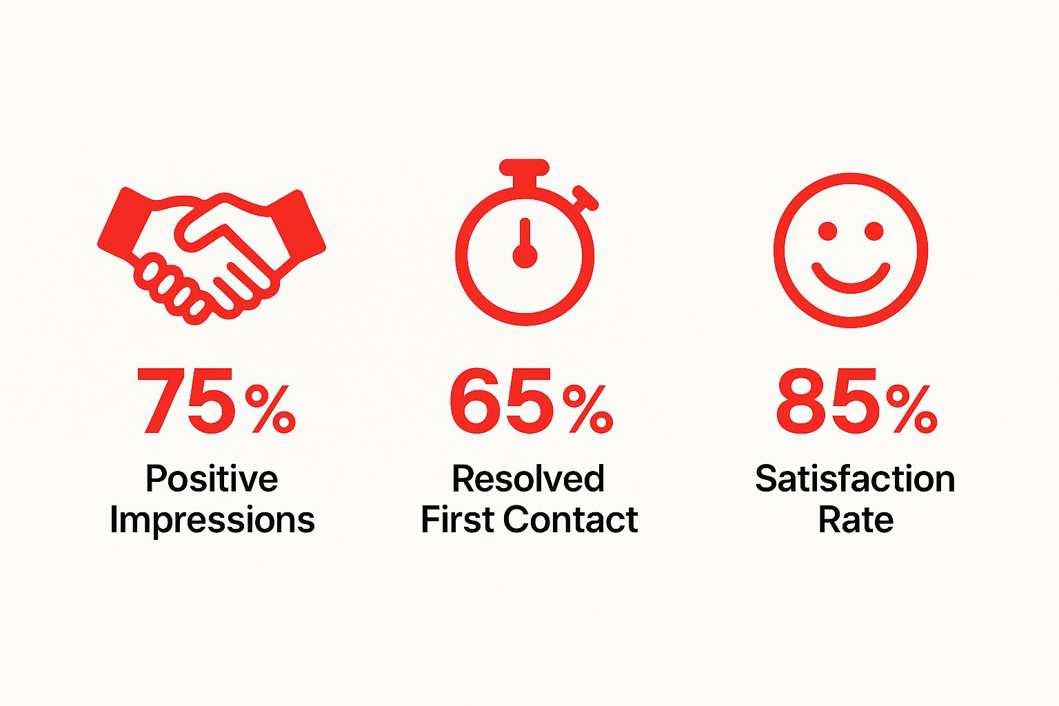 Infographic displaying statistics on security guard customer service: 75% positive impressions, 65% resolved first contact, and 85% satisfaction rate, emphasizing the importance of effective security services for tenant satisfaction.