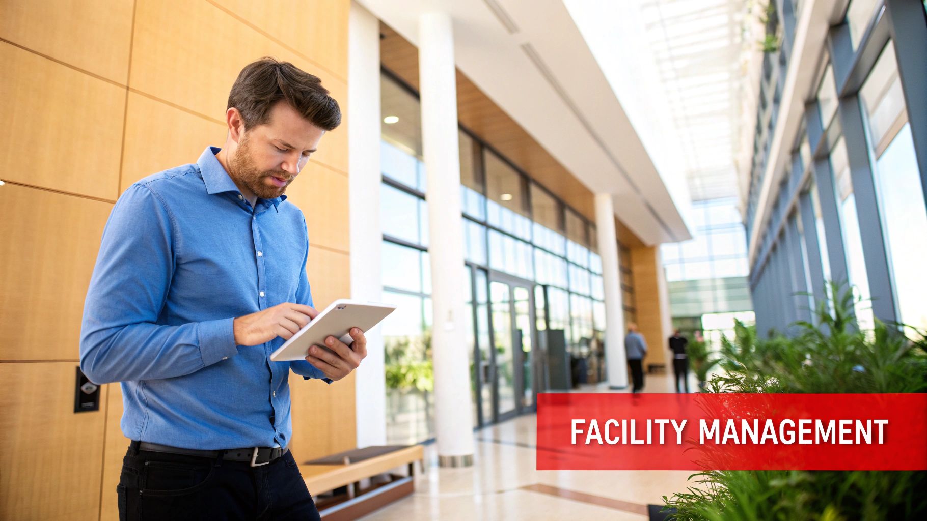 A facility manager in a modern office building checking operations on a digital tablet.