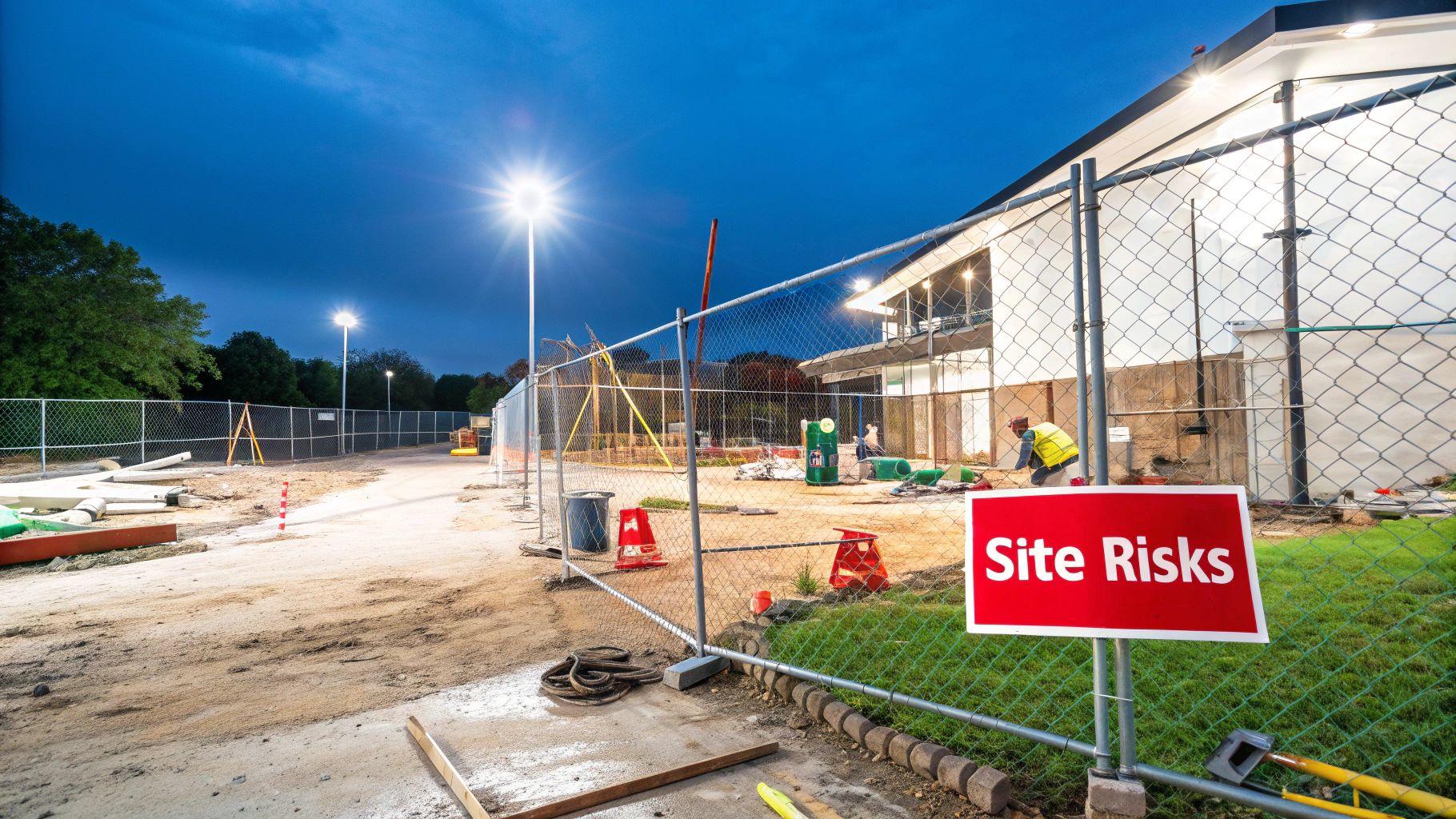 Construction site at night with illuminated fencing, featuring a prominent "Site Risks" sign, construction materials, and workers, highlighting security concerns and the importance of safeguarding assets.
