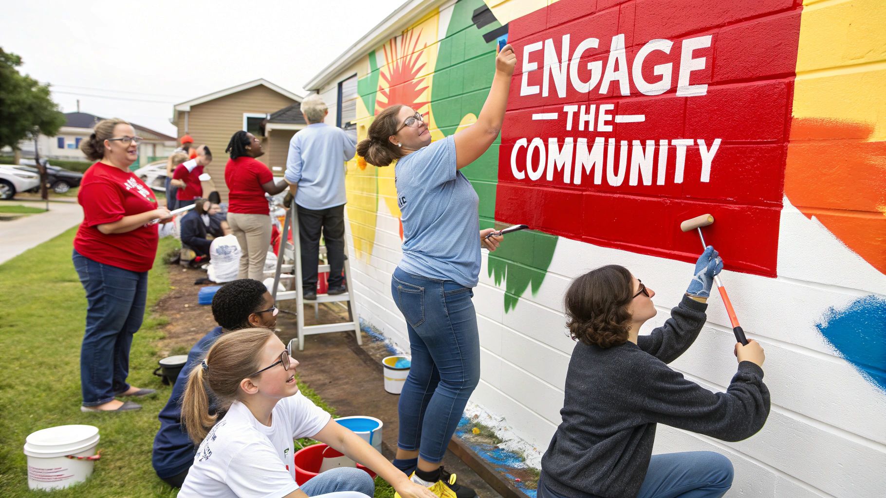 Community members painting a mural with the message "ENGAGE THE COMMUNITY," showcasing collaboration and proactive involvement in property beautification and safety initiatives.