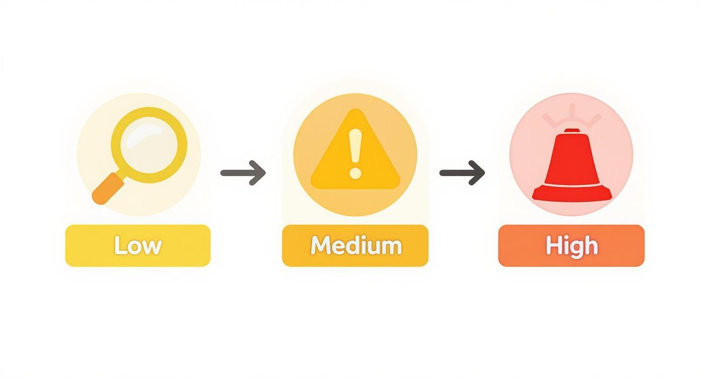 Infographic illustrating a tiered incident classification system with low, medium, and high severity levels, featuring a magnifying glass, warning triangle, and alarm bell icons.