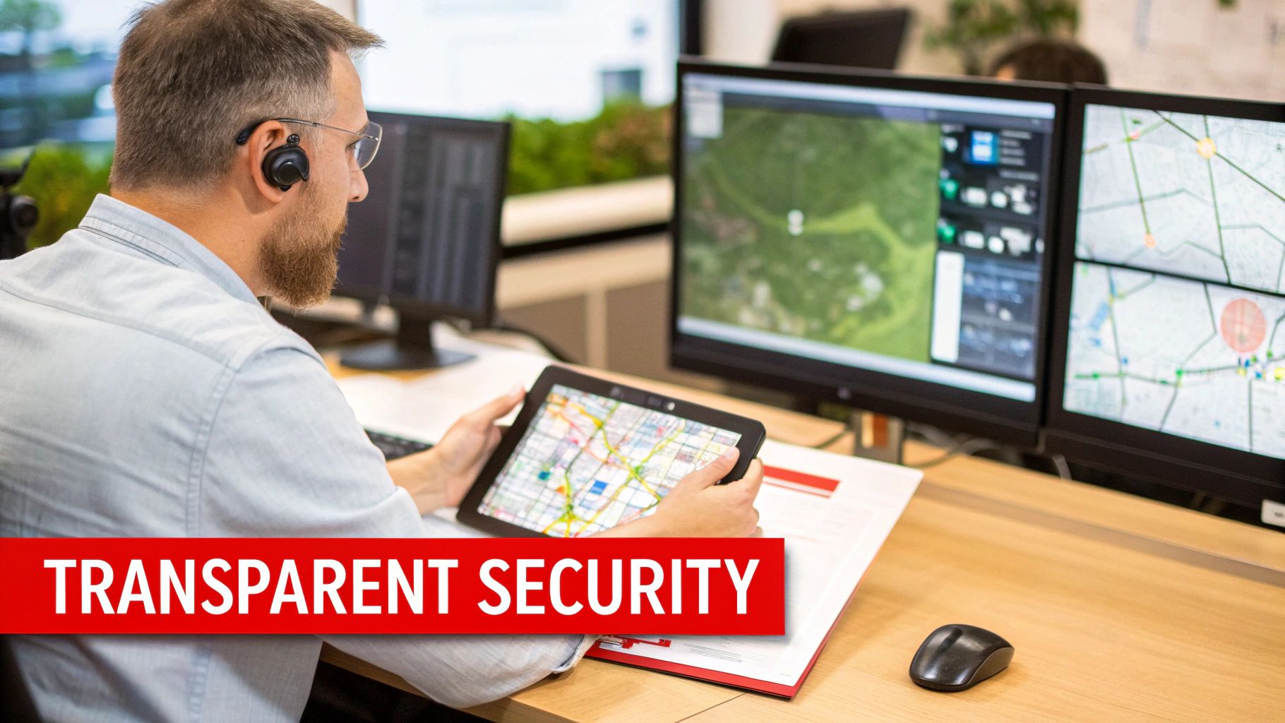 Man in a control room monitors maps on multiple screens and a tablet, wearing an earpiece.