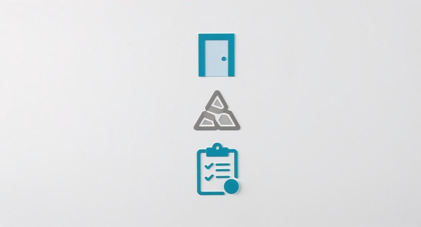 Icons representing security checklist elements: a door, hazard symbols, and a clipboard with checkmarks, illustrating the importance of tailored security protocols for various properties.