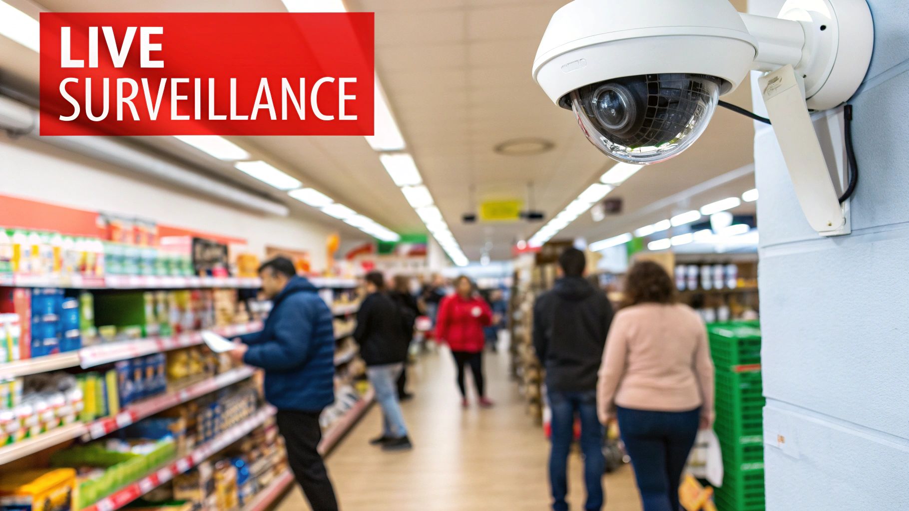 Live surveillance camera monitoring retail store activities, shoppers browsing aisles, emphasizing security solutions for loss prevention.