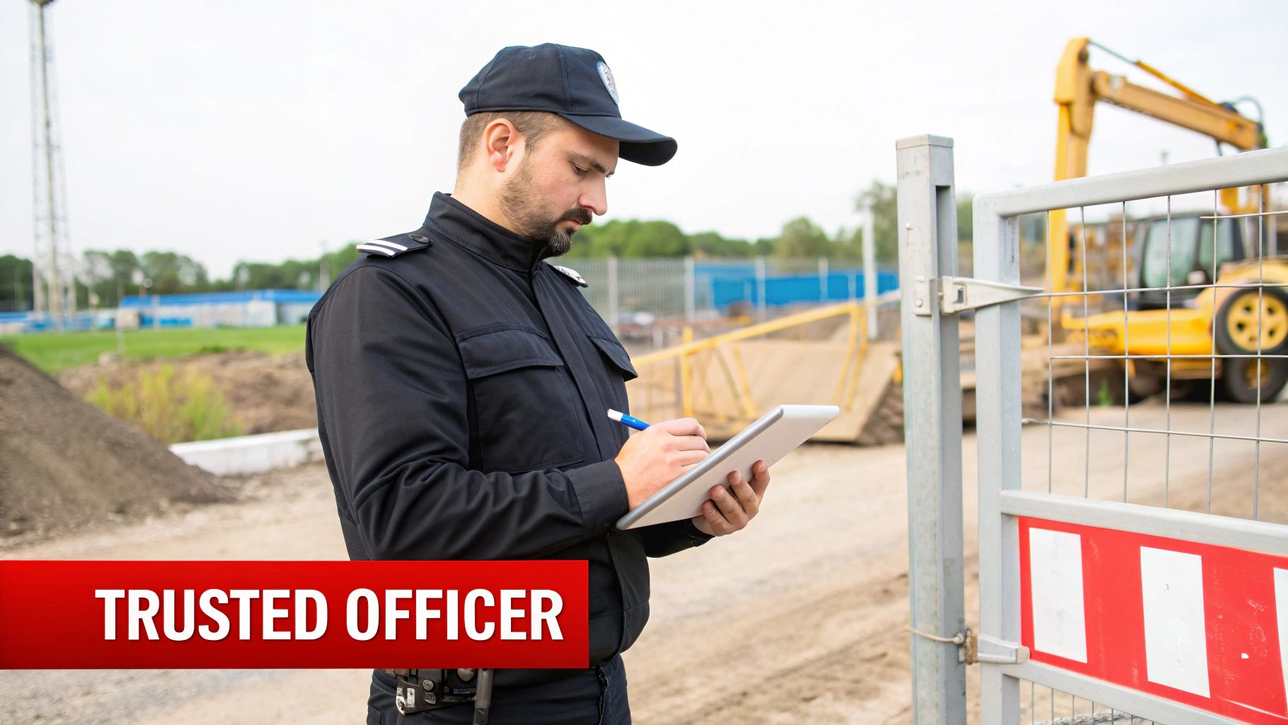 A professional security officer stands watch at a construction site, demonstrating vigilance and expertise.