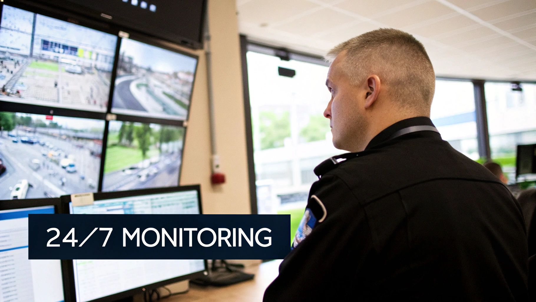 Security officer monitoring multiple screens displaying surveillance footage, emphasizing 24/7 monitoring for effective property security solutions.