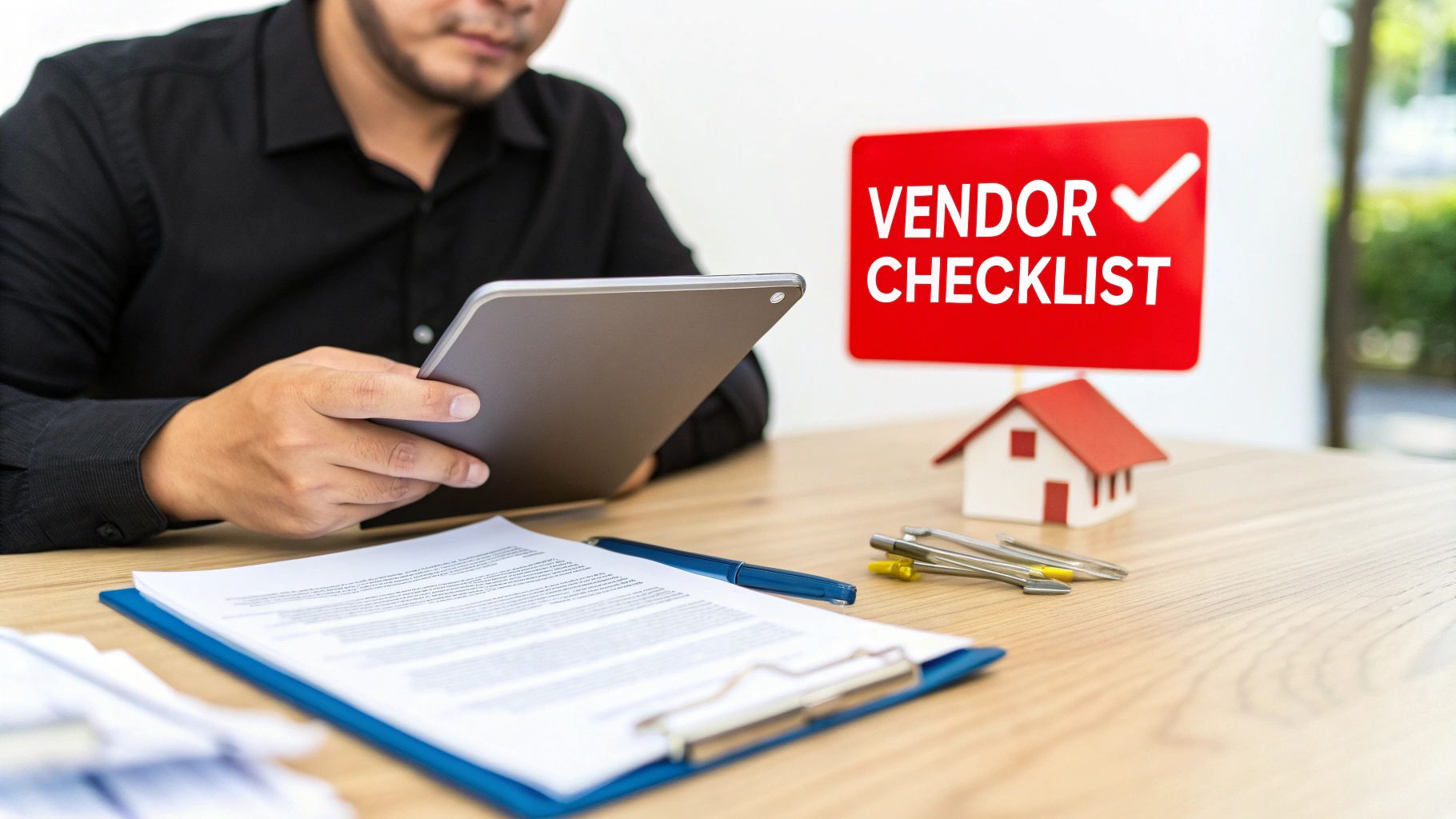 Man reviews a 'Vendor Checklist' on a tablet, with a house model and documents on a desk.