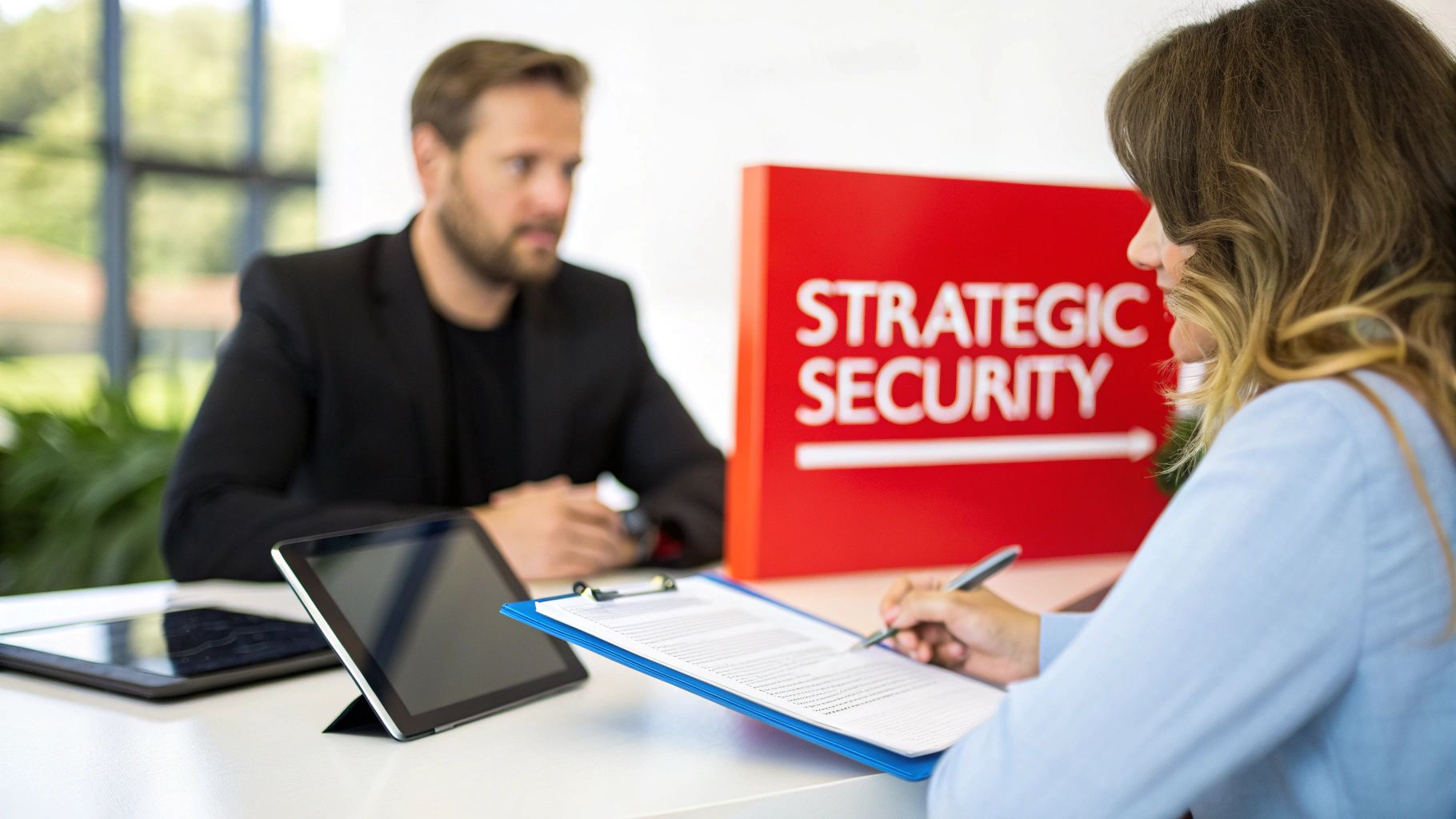 A man and woman discuss a contract in a business meeting with a "Strategic Security" sign.