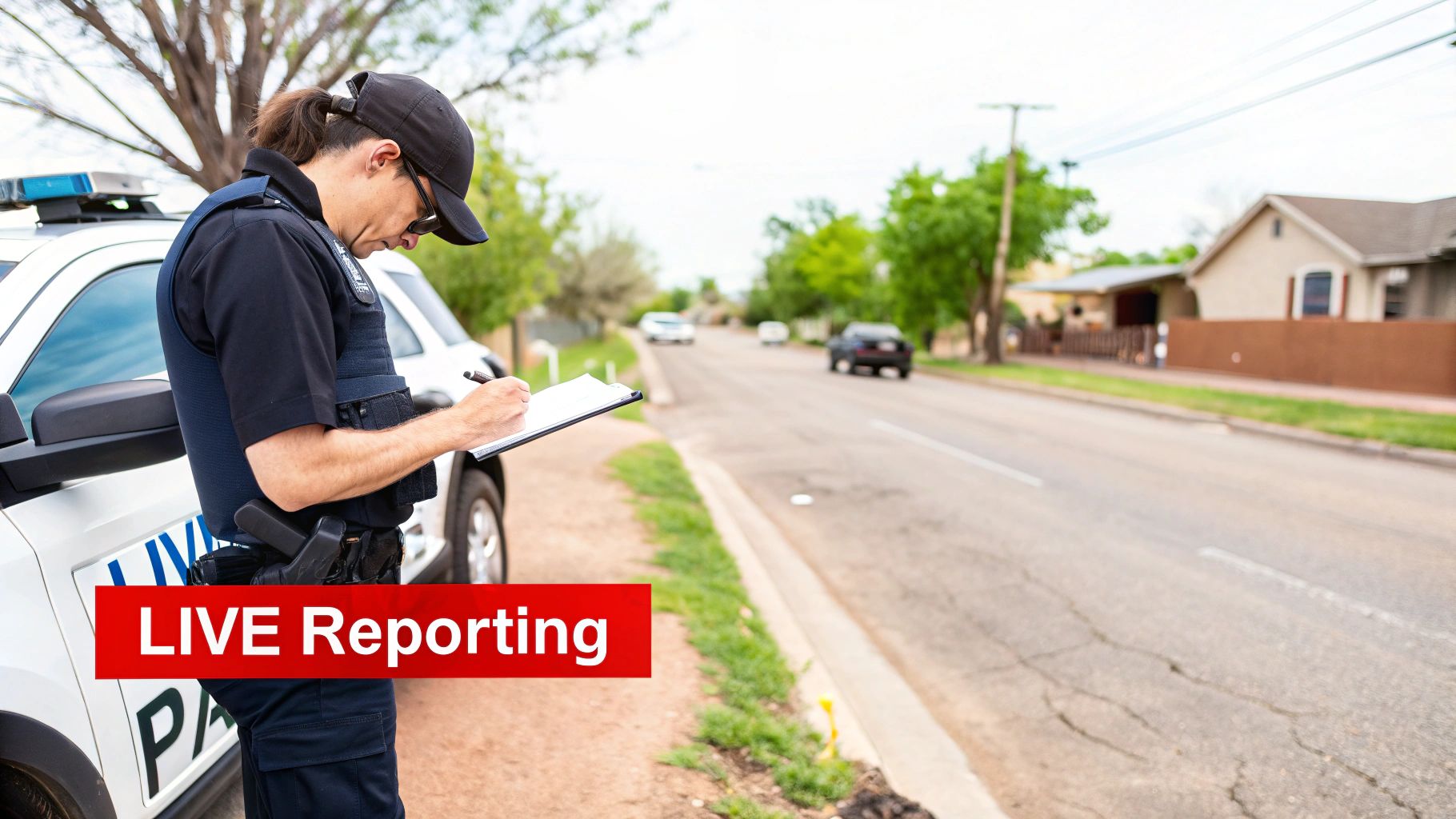 A police officer next to a patrol car writes on a clipboard with a 'LIVE Reporting' banner, overseeing a street scene.