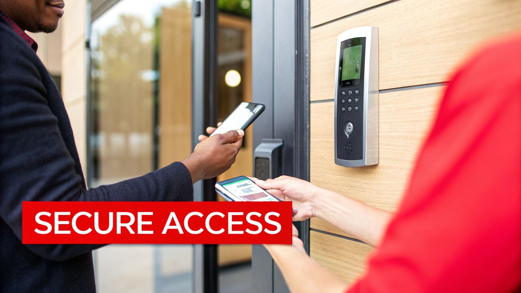 Person using smartphone to access secure entry system, featuring digital keypad and "SECURE ACCESS" text, highlighting modern security solutions for buildings.