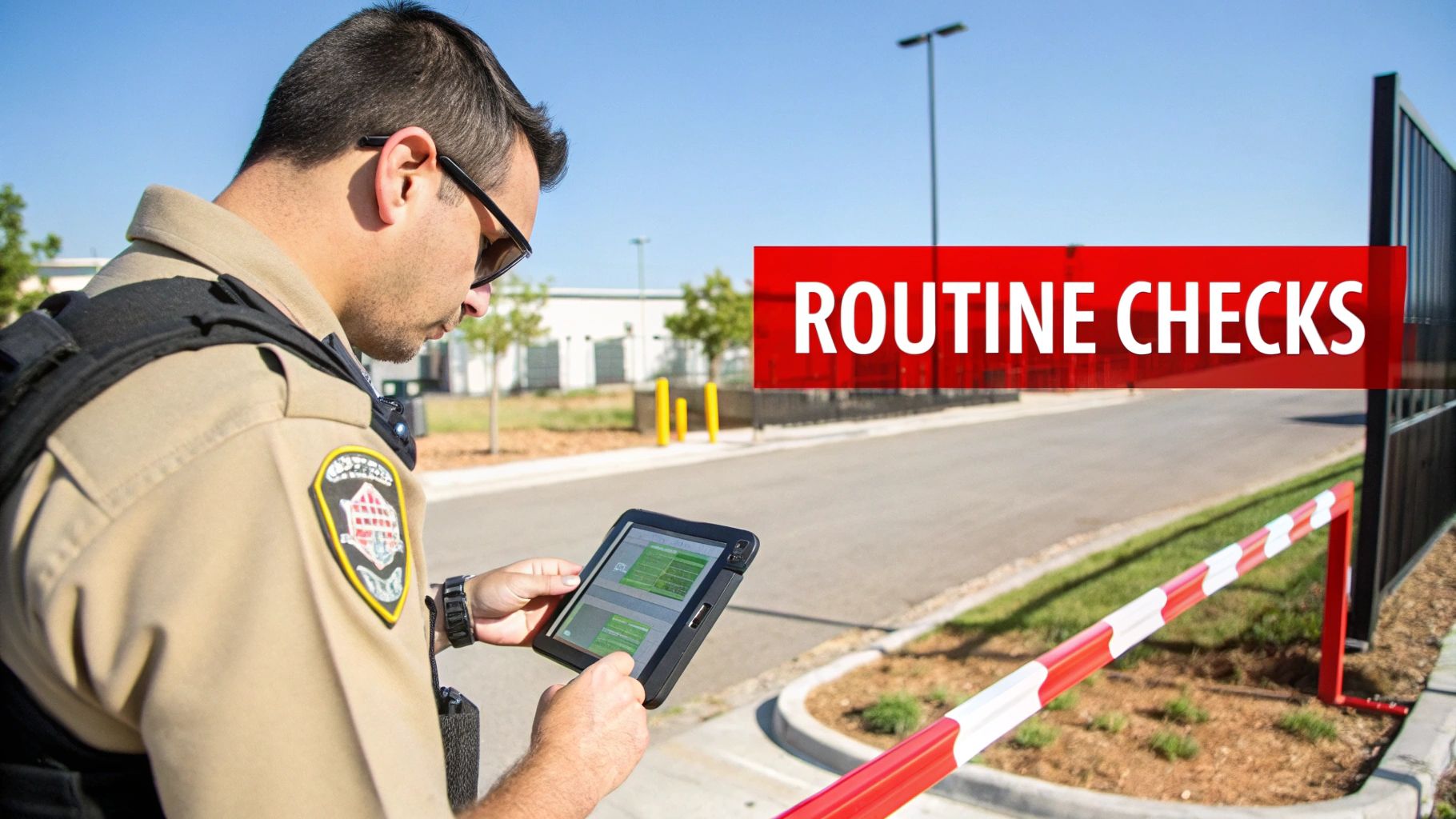 A security officer using a tablet to log an incident next to a patrol vehicle at night.